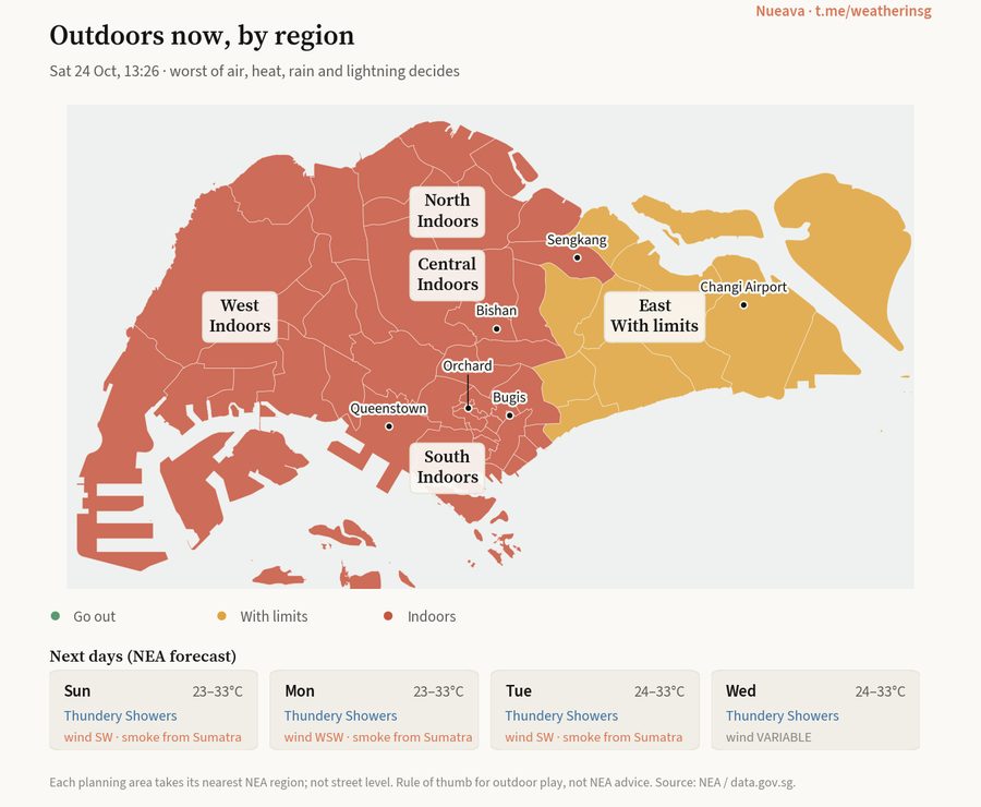 Map of Singapore by region: North, Central, West and South indoors; East with limits